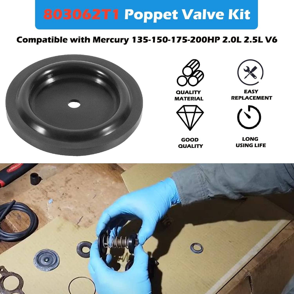 Solid Spare 803062T1 Poppet Valve/Diaphr Kit Fit for Mercury 135-150-175-200hp 2.0L 2.5L V6