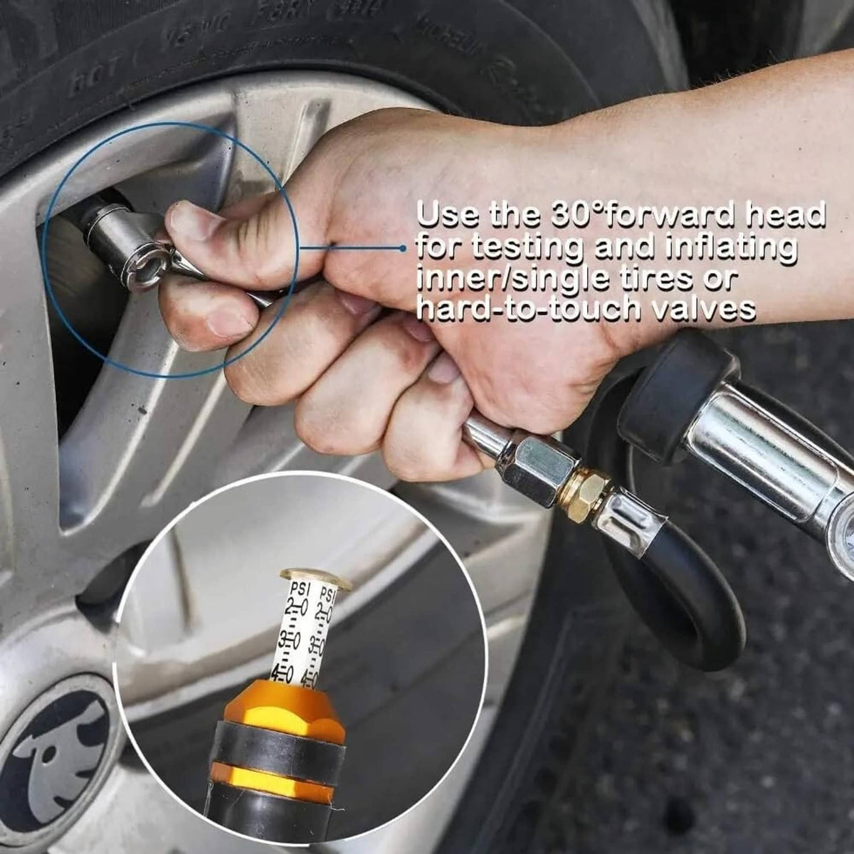 Solid Spare Air Tire Inflator With Pressure Gauge (10-120 PSI) Dual Head Chuck for Car Truck