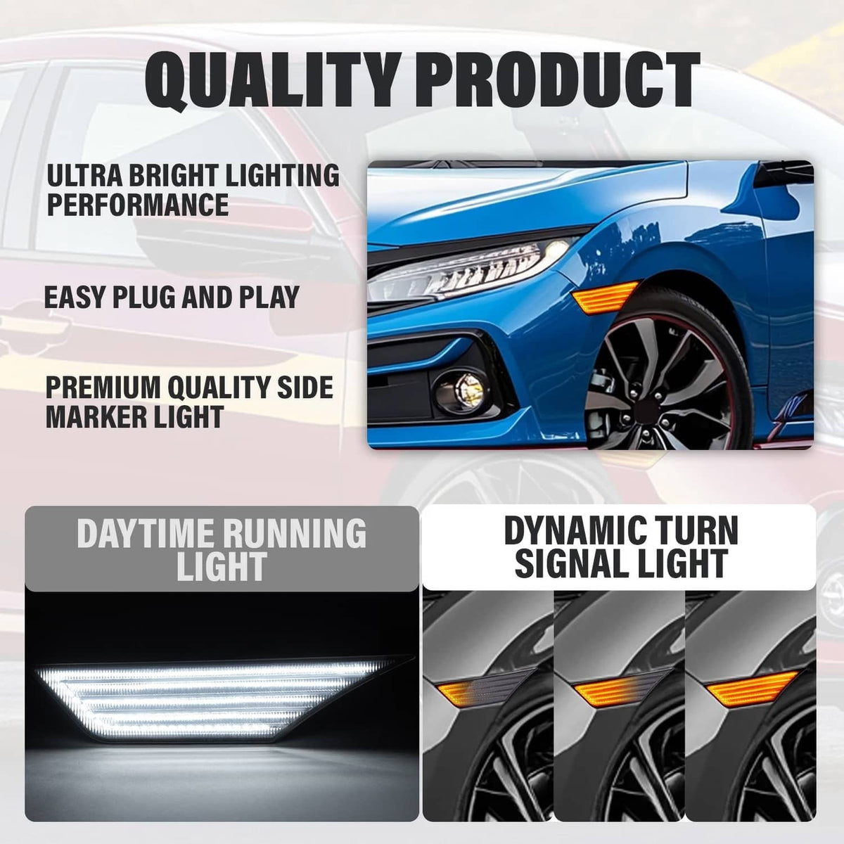 Solid Spare For Honda Civic 16-21 Sequential Dynamic Turn Signal LED Marker Light Assembly