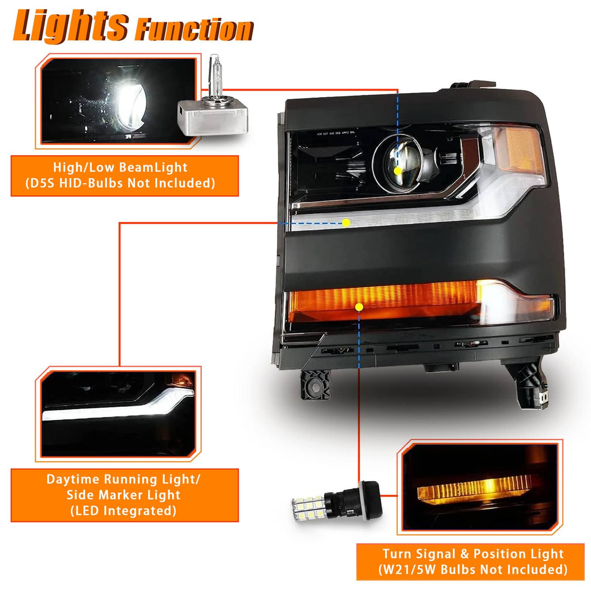Solidspare New Trim For 2016-2018 Chevy Silverado 1500 HID/Xenon Headlights w/ LED DRL Set