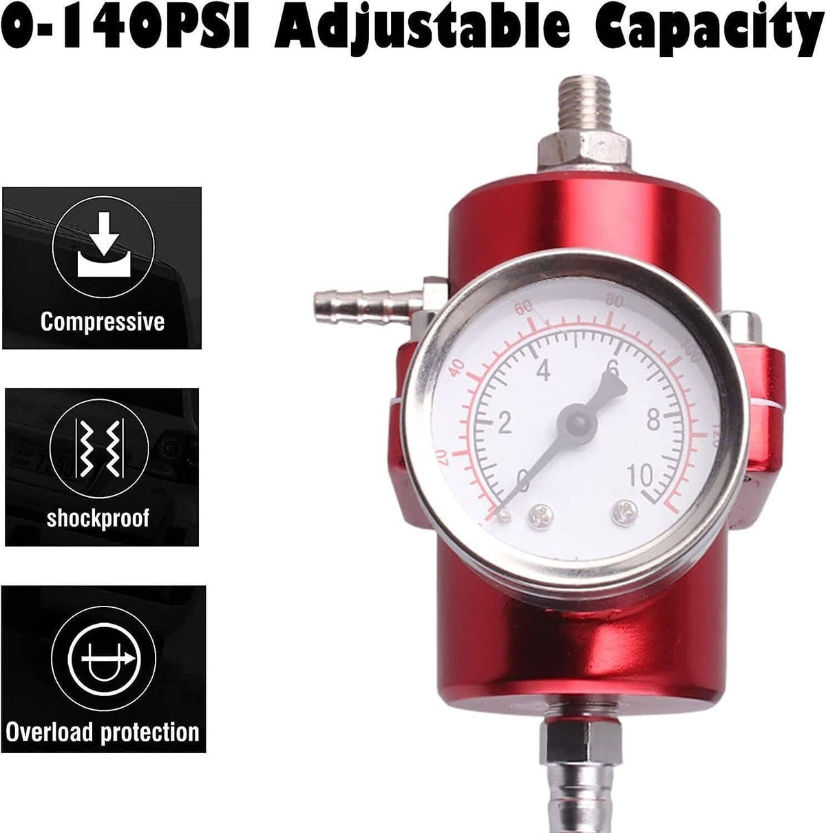 Solidspare Universal Red Adjustable Fuel Pressure Regulator + Gauge+ Fitting Kit Aluminum